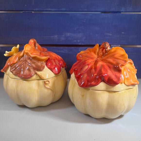 Hand Painted Fitz and Floyd Pumpkin Harvest Lidded Soup Bowls Set of 2 - Picture 8 of 8